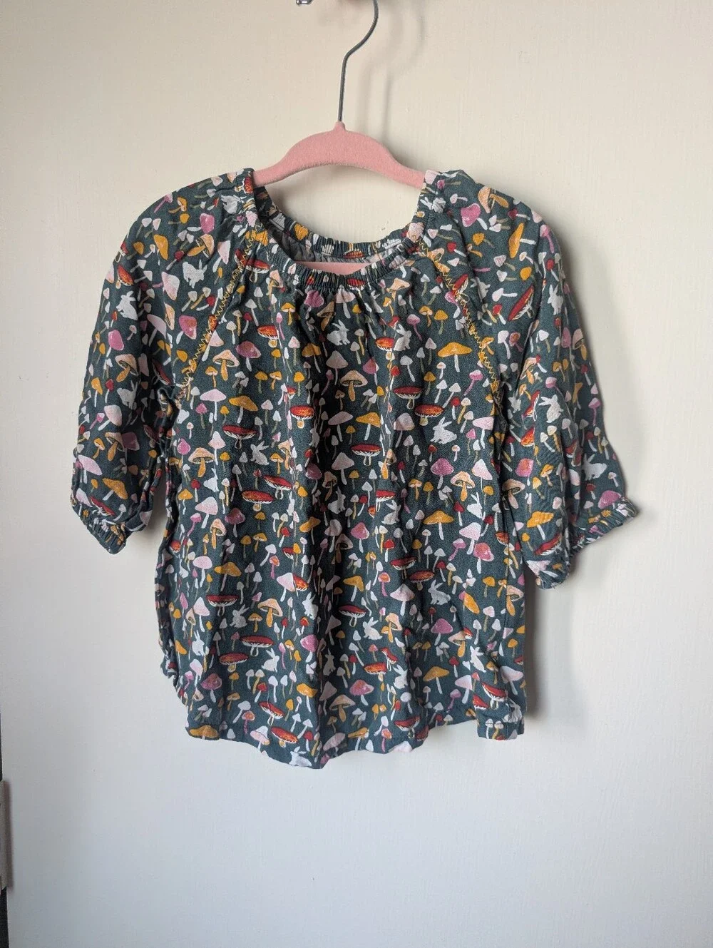 Girls' Dark Green Mushroom Print Peasant Top